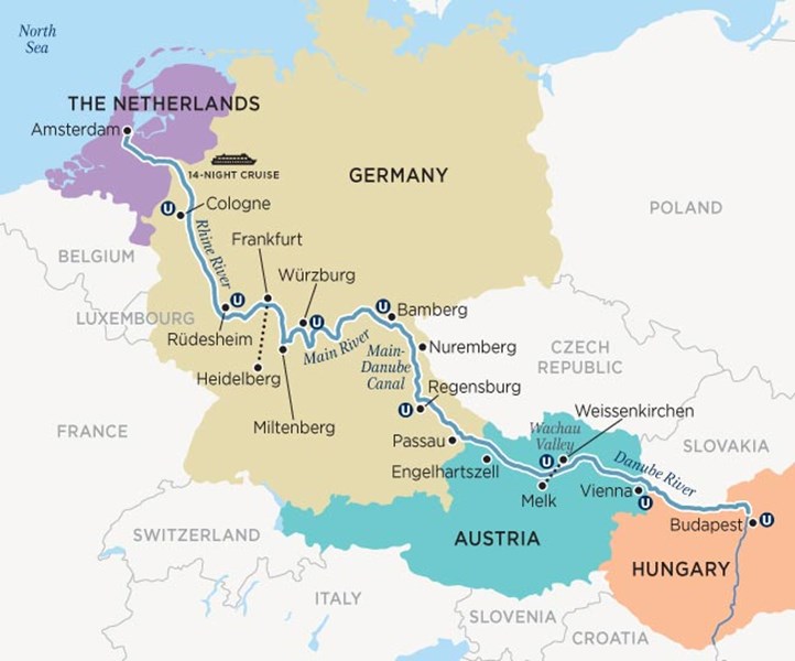 Map of Uniworld European Jewels Cruise